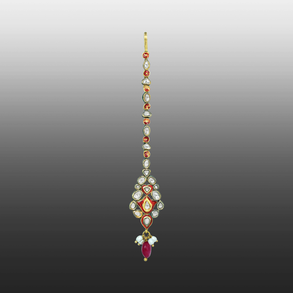 Red Enamel Polki Mangtikka with a Drop and Pearls